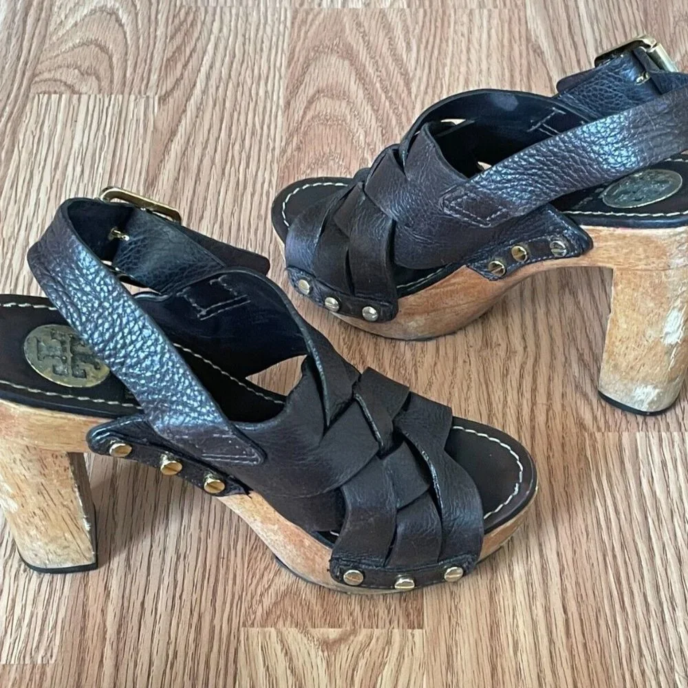 Tory Burch Women Heel Sandal Shoes Dark Brown Leather Upper Wood Heel Size 6 - Picture 11 of 12